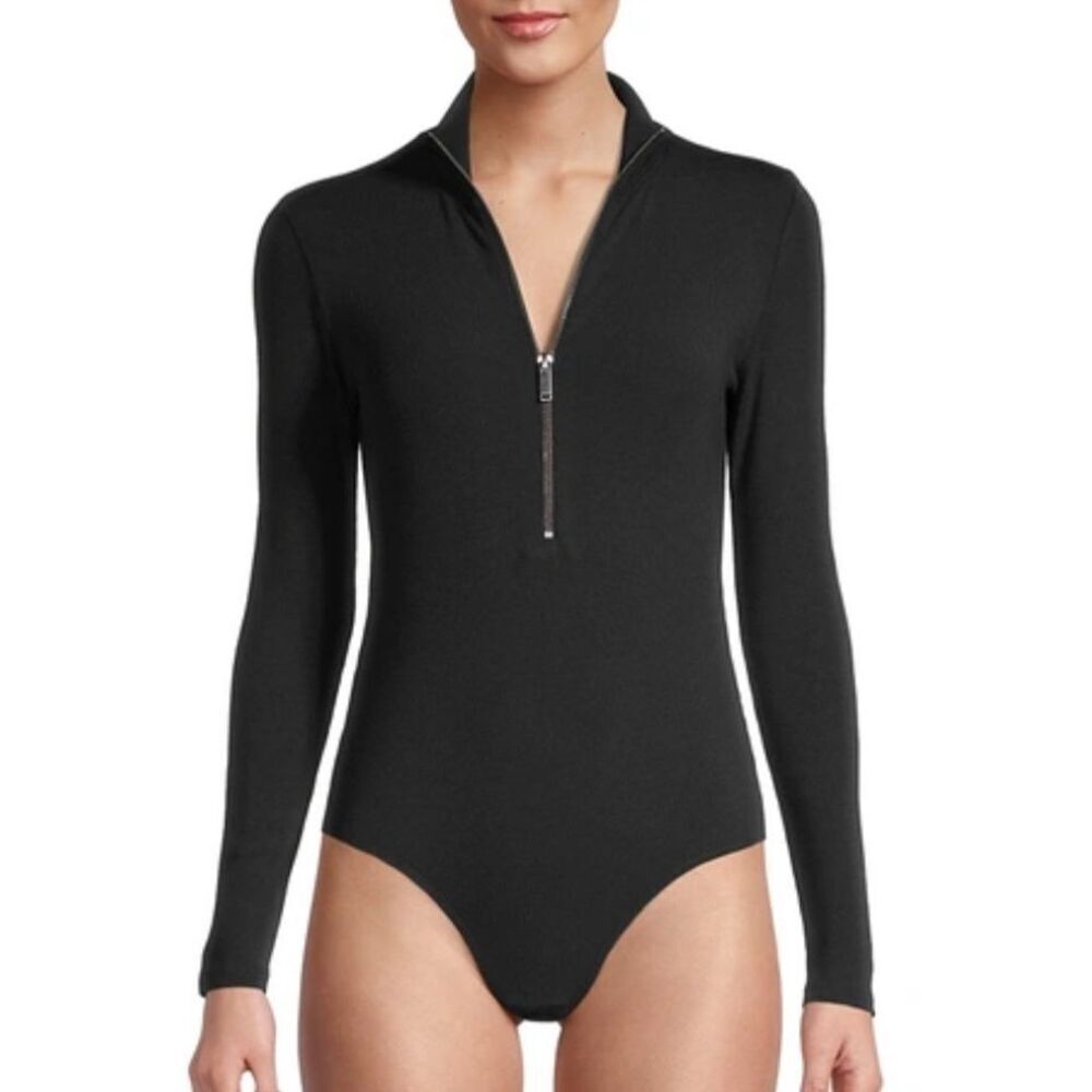 ELIE TAHARI Rib-knit Mock Neck Bodysuit In Black‎ Size Large NWT $110